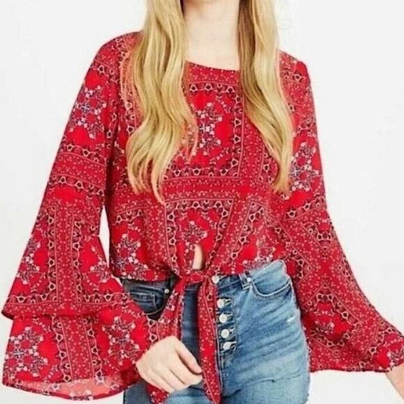 Altar’d State Mackenzie Handkerchief Red Crop Top Blouse Boho Hippie Beach - Picture 2 of 4